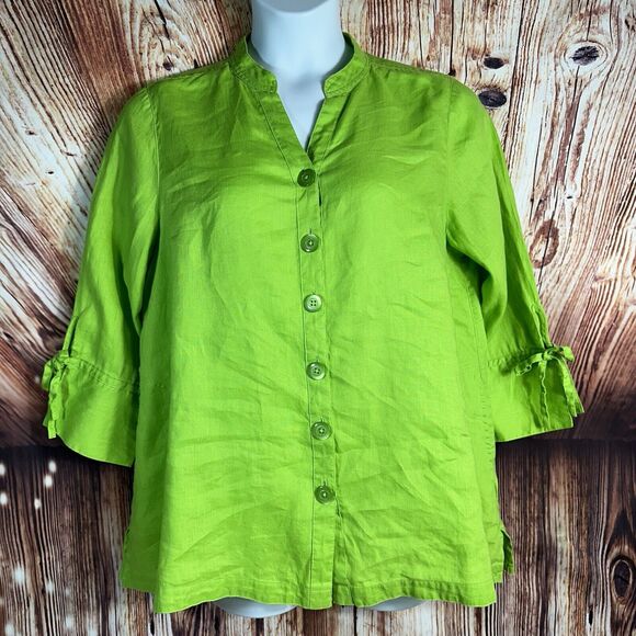 John Mark Tops - John Mark Size Large 100% Linen Top Green Boho Tunic Button Shirt 3/4 Sleeves